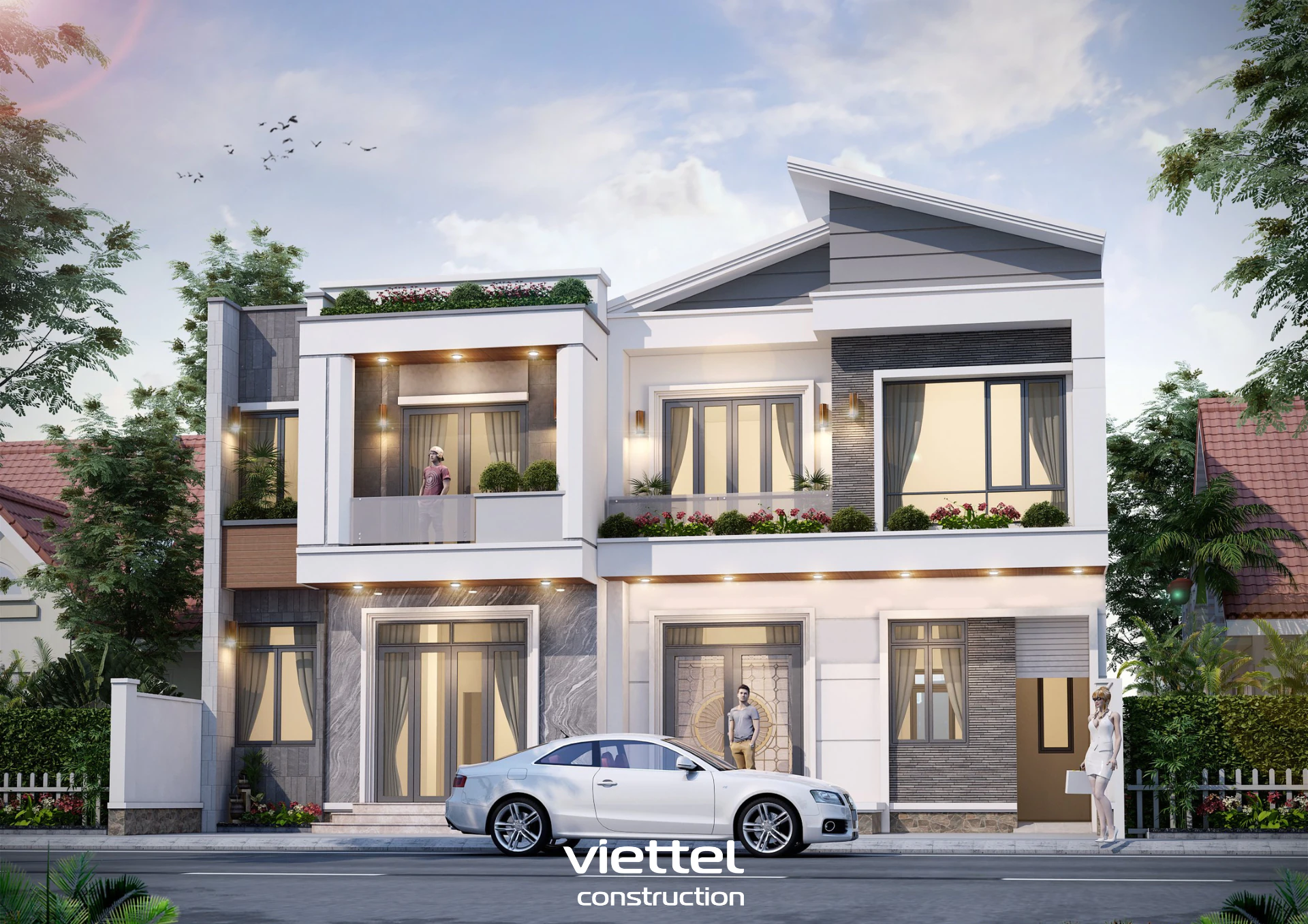 Mẫu nhà phố hiện đại mái chéo 2 tầng - NPHDAMC02041